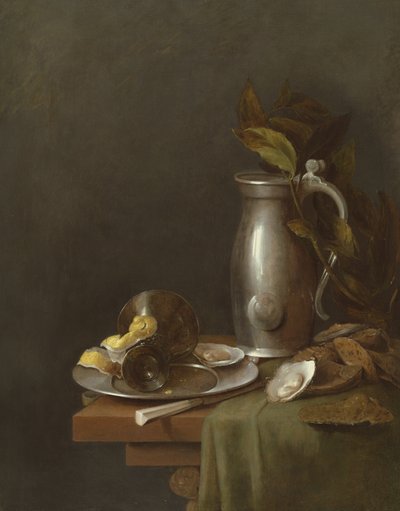 Een tinnen kan en bord, 17e eeuw door Simon Luttichuys